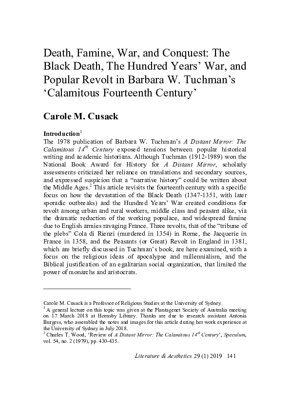 Death, Famine, War, and Conquest: The Black Death, The Hundred Years’ War, and Popular Revolt in Barbara W. Tuchman's 'Calamitous Fourteenth Century'