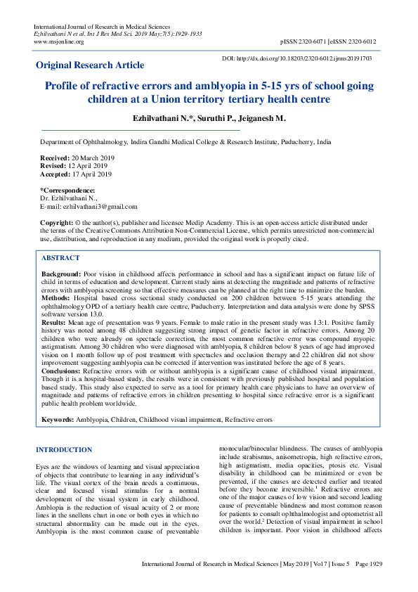 (PDF) Profile of refractive errors and amblyopia in 5-15 yrs of school ...