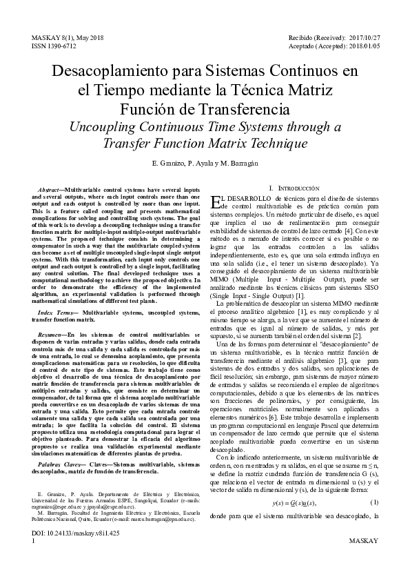 (PDF) Uncoupling Continuous Time Systems through a Transfer Function ...