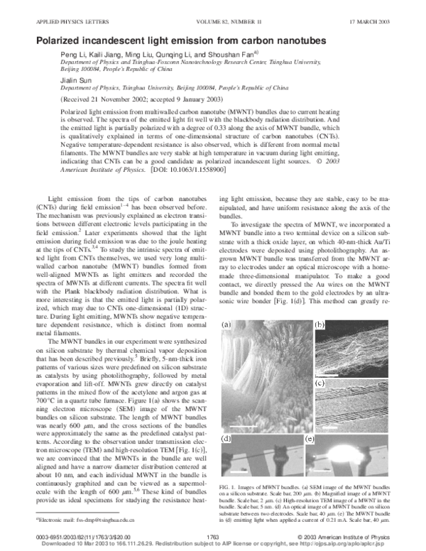 (PDF) Polarized incandescent light emission from carbon nanotubes