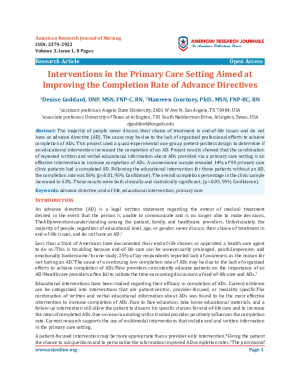(PDF) Interventions in the Primary Care Setting Aimed atImproving the ...