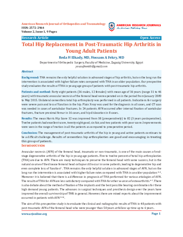 PDF) Total Hip Replacement in Post-Traumatic Hip Arthritis in 