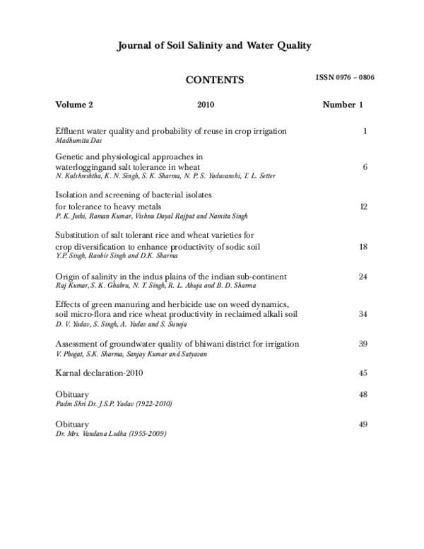(PDF) Journal of Soil Salinity and Water Quality CONTENTS