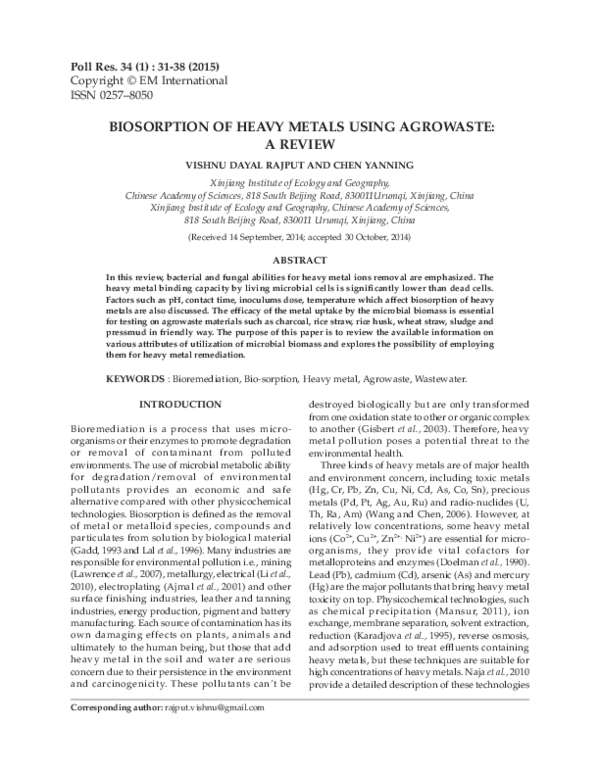 (PDF) BIOSORPTION OF HEAVY METALS USING AGROWASTE: A REVIEW