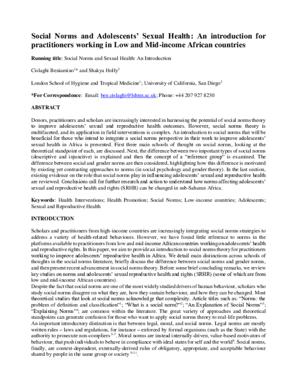 (DOC) Social Norms and Adolescents' Sexual Health: An introduction for ...