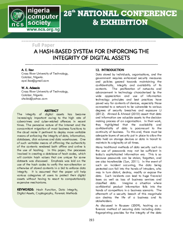 (PDF) A hash based system for enforcing the integrity of digital assets