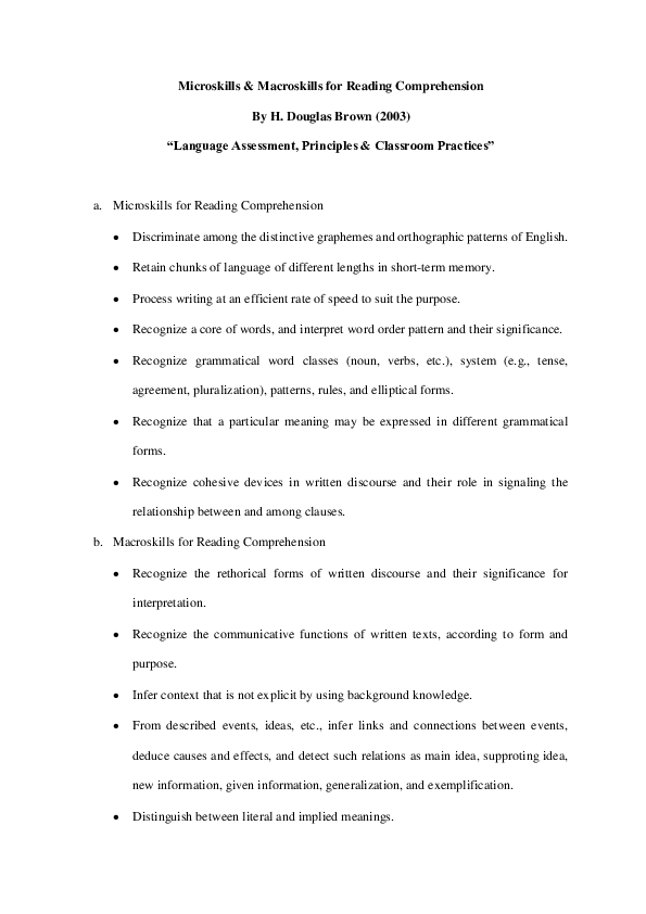 (DOC) Microskills & Macroskills for Reading Comprehension "Language