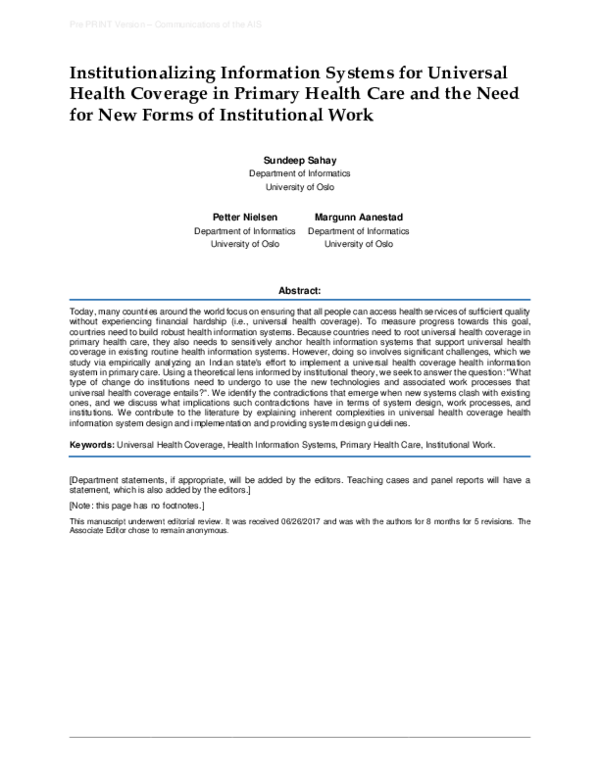 (PDF) Institutionalizing Information Systems for Universal Health ...