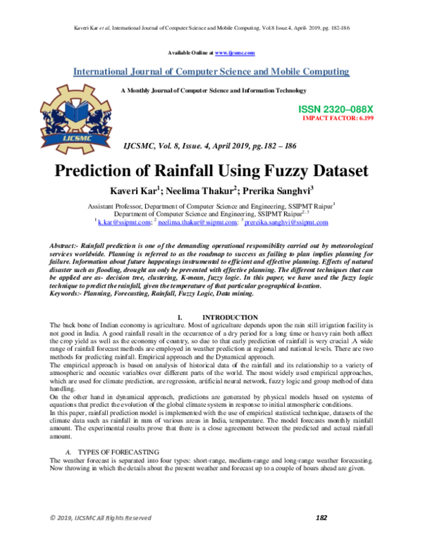 (PDF) Prediction of Rainfall Using Fuzzy Dataset﻿