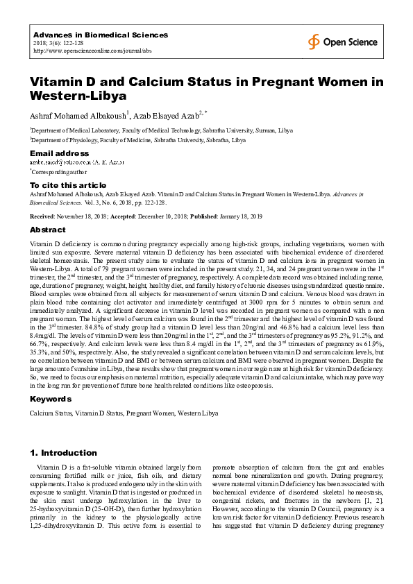 (PDF) Vitamin D and Calcium Status in Pregnant Women in WesternLibya