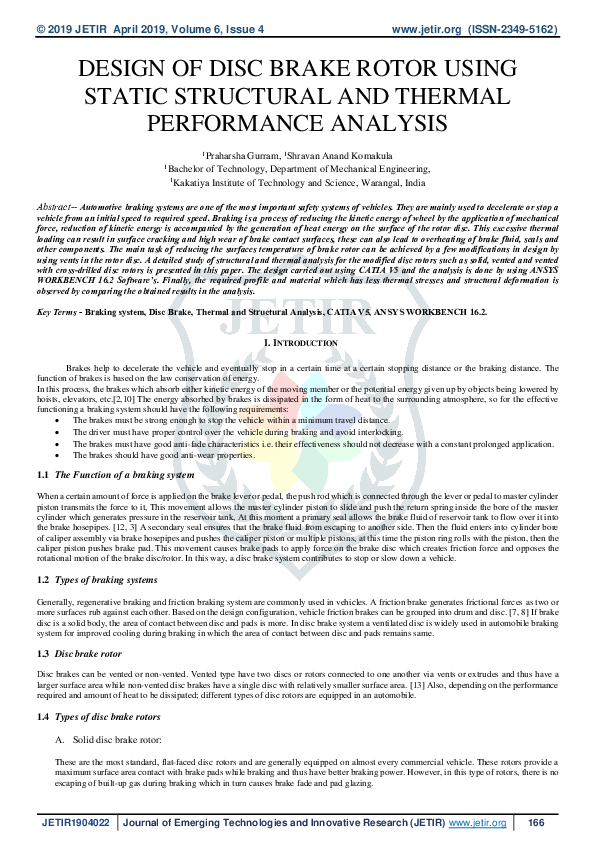 (PDF) DESIGN OF DISC BRAKE ROTOR USING STATIC STRUCTURAL AND THERMAL