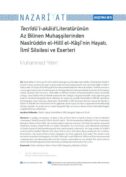 (PDF) Tecrîdü'l-akâid Literatürünün Az Bilinen Muhaşşilerinden ...