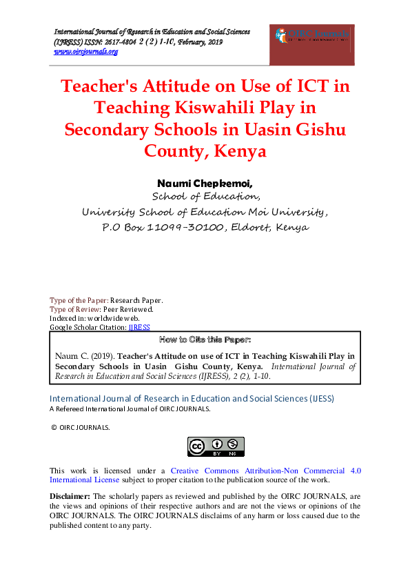 (PDF) TEACHER'S ATTITUDE ON USE OF ICT IN TEACHING KISWAHILI PLAY IN ...