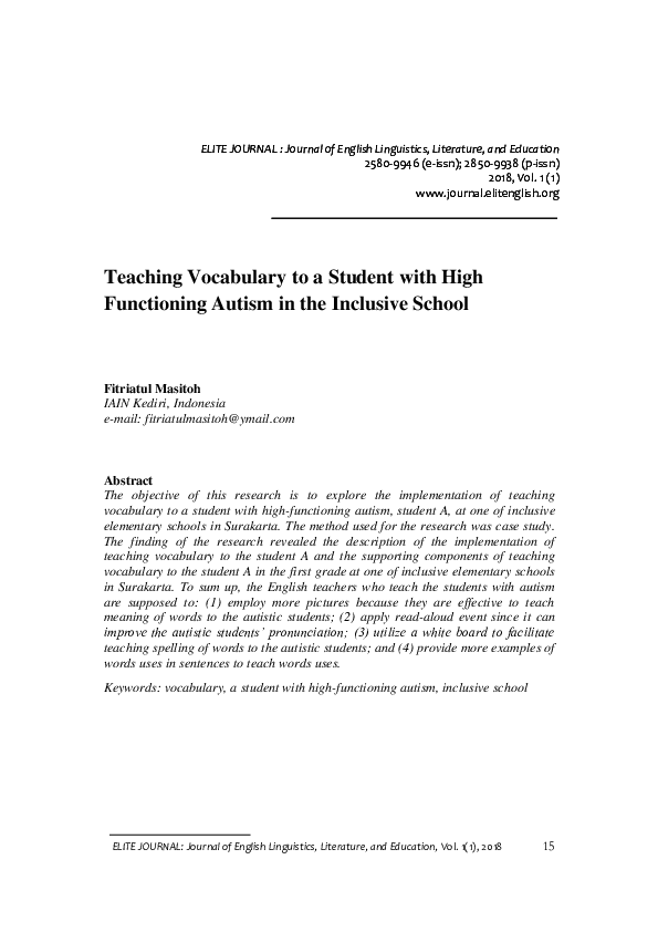 PDF) Teaching Vocabulary to a Student with High Functioning Autism Teaching  Vocabulary to a Student with High Functioning Autism in the Inclusive  School Teaching Vocabulary to a Student with High Functioning Autism |