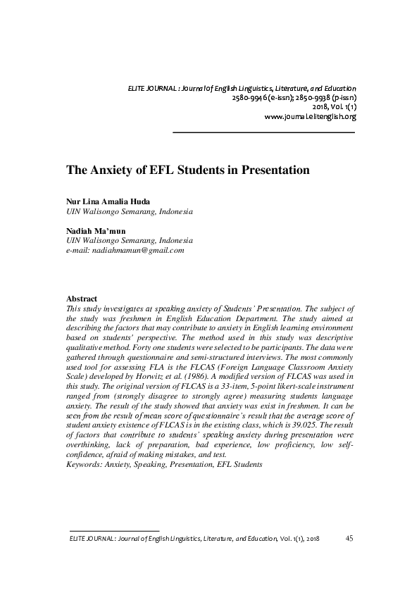(PDF) The Anxiety of EFL Students in Presentation The Anxiety of EFL ...