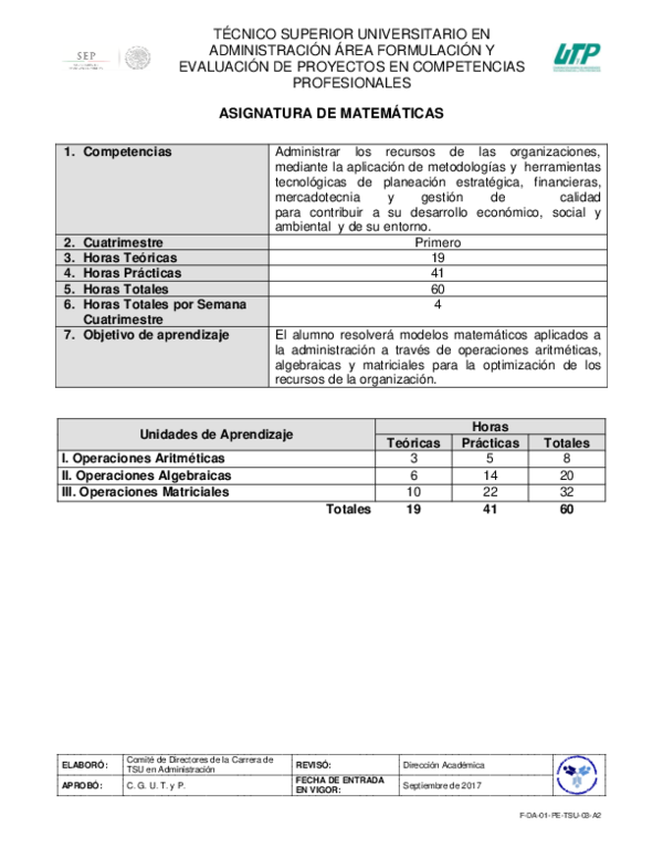 (DOC) ASIGNATURA DE MATEMÁTICAS