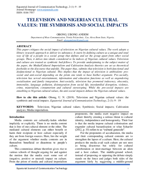 (PDF) TELEVISION AND NIGERIAN CULTURAL VALUES: THE SYMBIOSIS AND SOCIAL ...