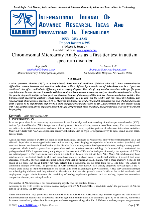 (PDF) Chromosomal Microarray Analysis as a firsttier test in autism