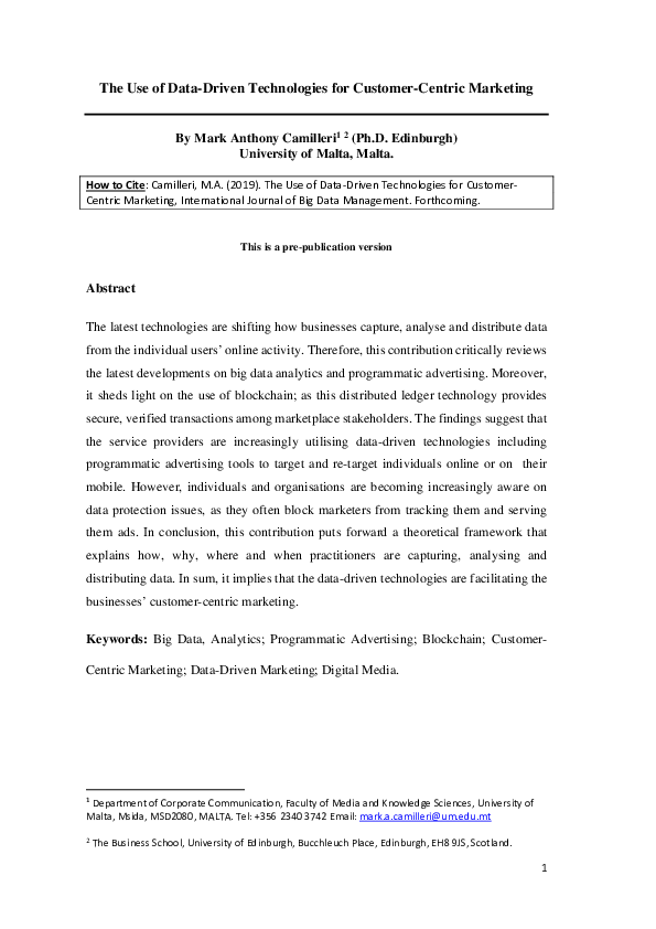 Pdf The Use Of Data Driven Technologies For Customer Centric Marketing