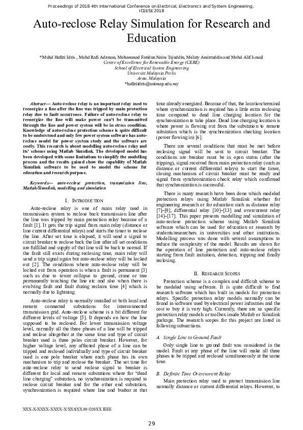 (PDF) Autoreclose Relay Simulation for Research and Education Muhd