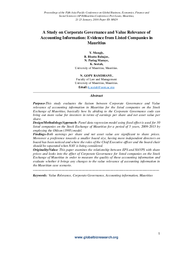 (PDF) A Study on Corporate Governance and Value Relevance of Accounting