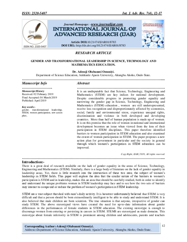 (PDF) GENDER AND TRANSFORMATIONAL LEADERSHIP IN SCIENCE, TECHNOLOGY AND ...