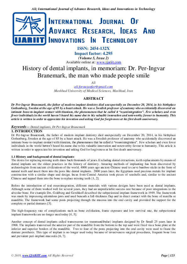 (PDF) History of dental implants, in memoriam Dr. PerIngvar Branemark, the man who made people
