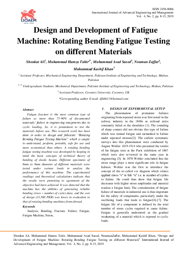 (PDF) Design and Development of Fatigue Machine Rotating Bending Fatigue Testing of Different