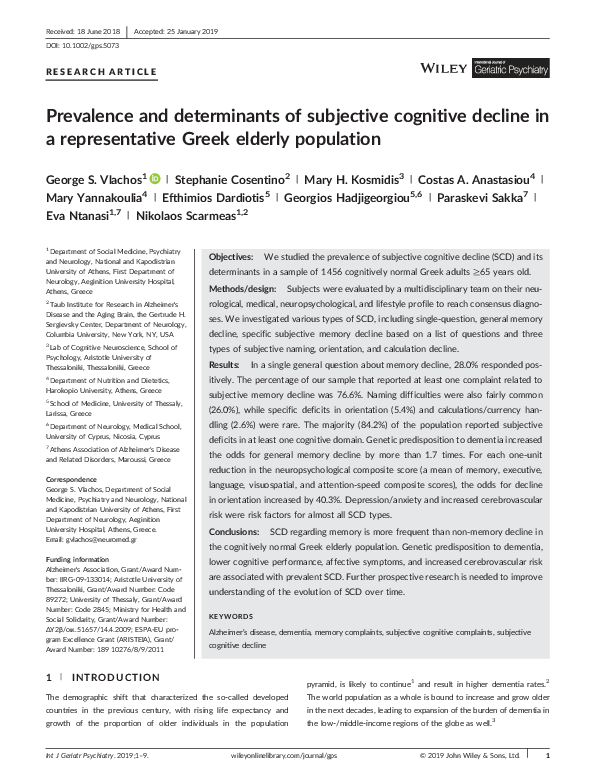 (PDF) Prevalence and determinants of subjective cognitive decline in a ...