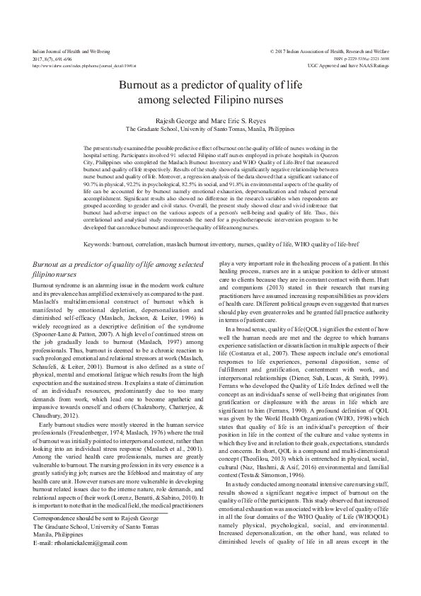 (PDF) Burnout as a predictor of quality of life among selected Filipino ...