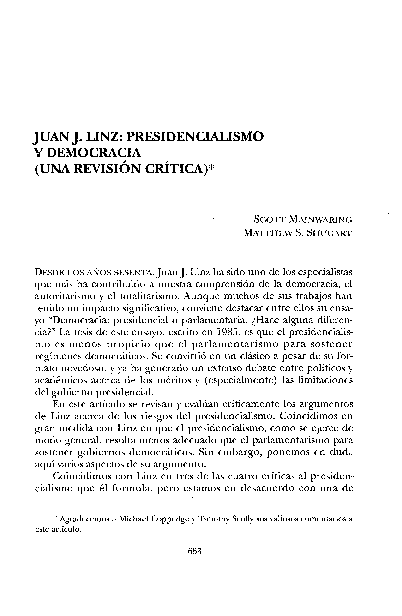 (PDF) JUANJ. LINZ: PRESIDENCIALISMO Y DEMOCRACIA (UNA REVISIÓN CRÍTICA