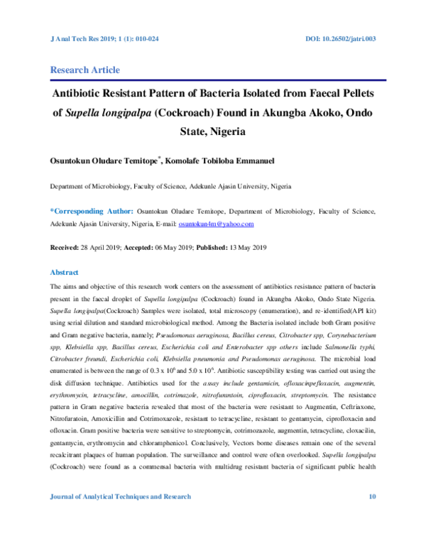(PDF) Antibiotic Resistant Pattern of Bacteria Isolated from Faecal ...
