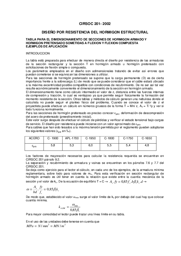 (PDF) CIRSOC 2012002 DISEÑO POR RESISTENCIA DEL HORMIGON ESTRUCTURAL TABLA PARA EL
