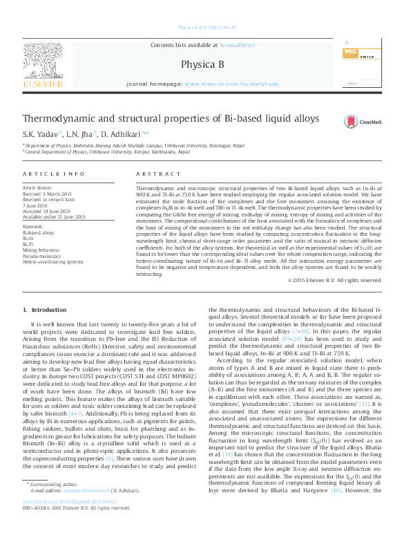 (PDF) Thermodynamic and structural properties of Bi-based liquid alloys