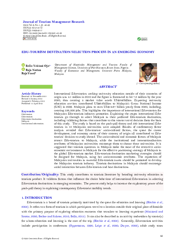 (PDF) EDU-TOURISM DESTINATION SELECTION PROCESS IN AN EMERGING ECONOMY ...