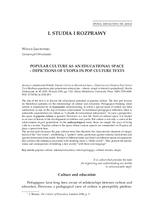 (PDF) Popular Culture as an Educational Space - Depictions of Utopia in ...