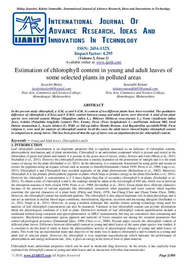 (PDF) Estimation of chlorophyll content in young and adult leaves of