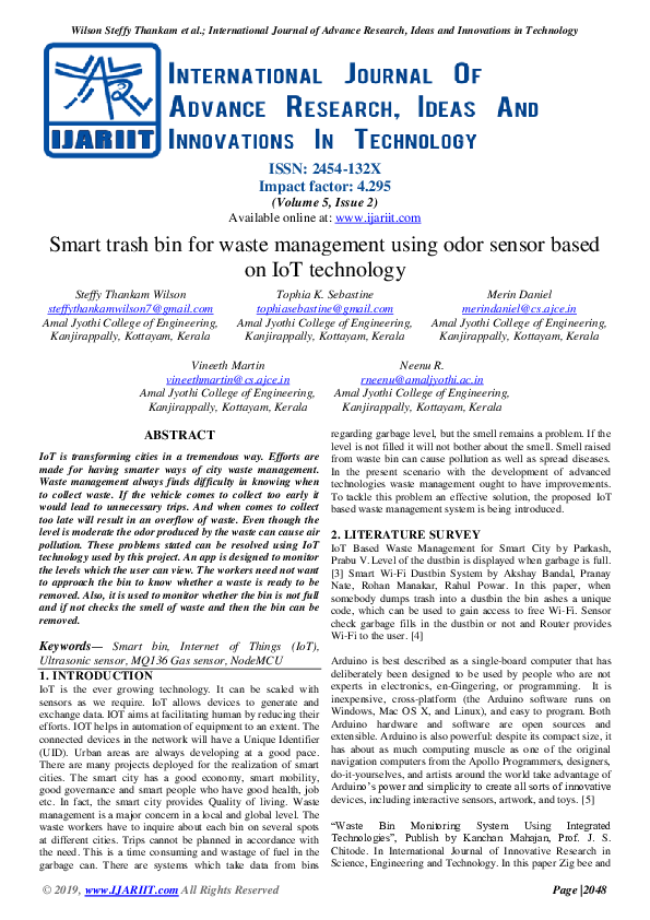 (PDF) Smart trash bin for waste management using odor sensor based on