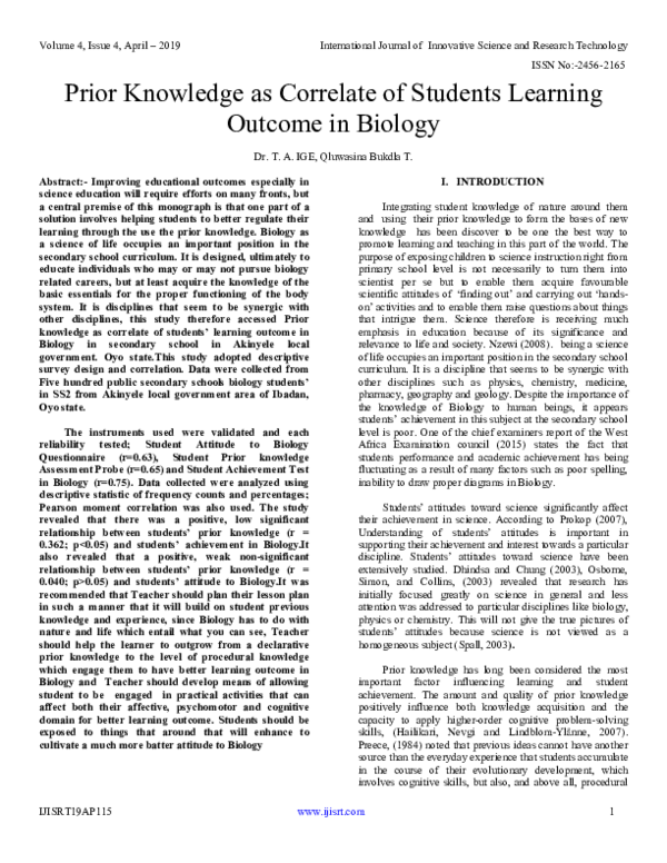(PDF) Prior Knowledge as Correlate of Students Learning Outcome in Biology
