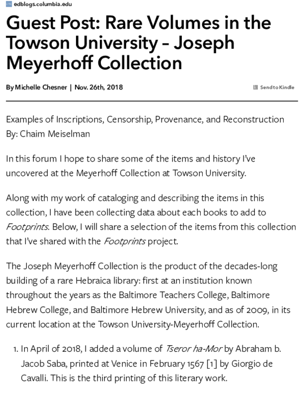 (PDF) Rare Volumes in the Towson University – Joseph Meyerhoff Collection