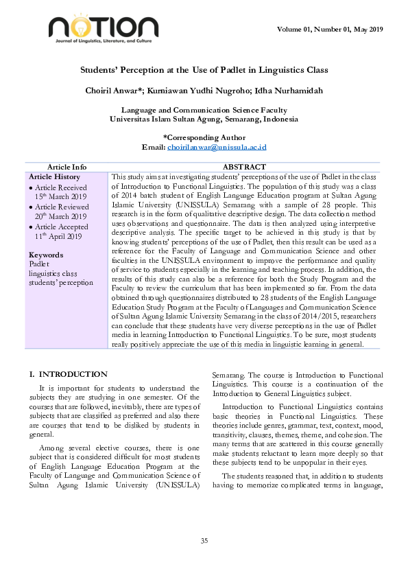 (PDF) Students' Perception at the Use of Padlet in Linguistics Class