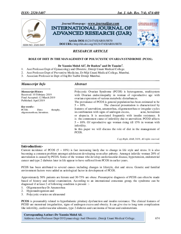 (PDF) ROLE OF DIET IN THE MANAGEMENT OF POLYCYSTIC OVARIAN SYNDROME (PCOS).