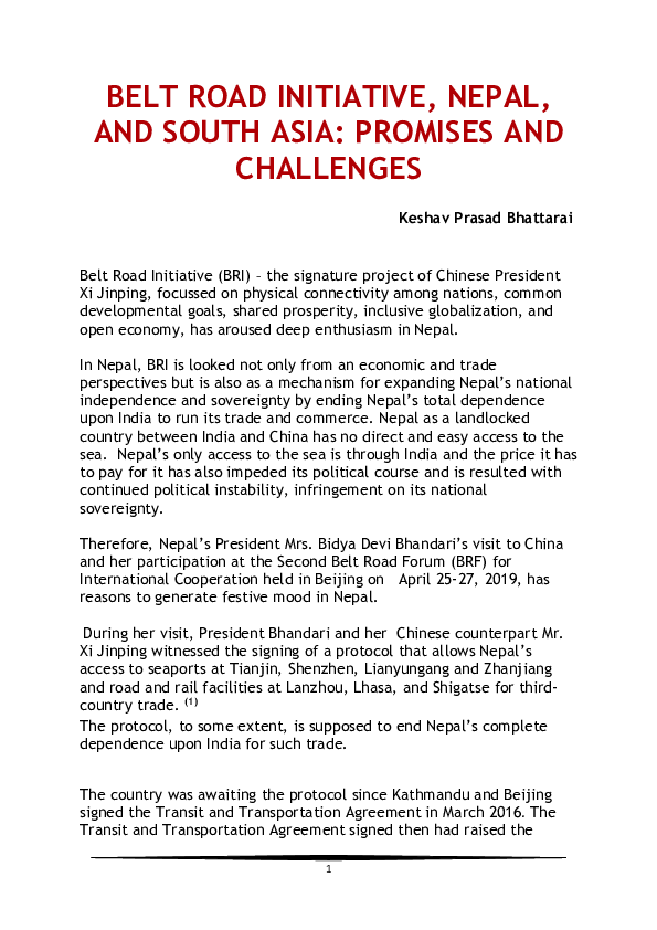 (DOC) BELT ROAD INITIATIVE, NEPAL, AND SOUTH ASIA Keshav Prasad