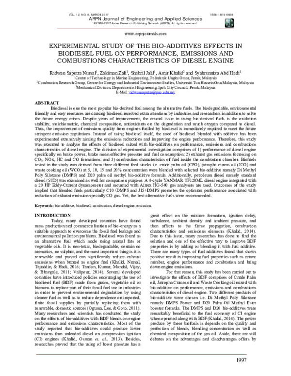 (PDF) Experimental study of the bio-additives effects in biodiesel fuel ...