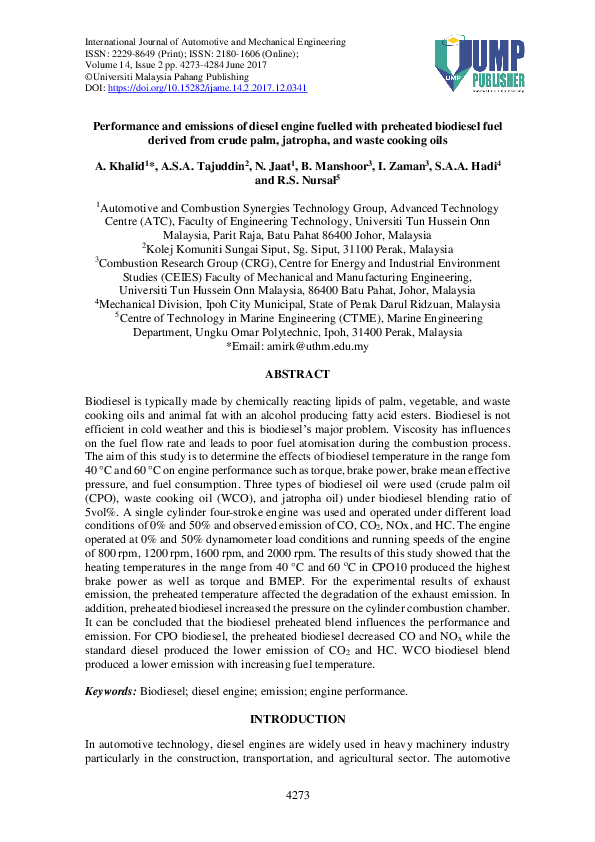 Pdf Performance And Emissions Of Diesel Engine Fuelled With Preheated Biodiesel Fuel Derived From Crude Palm Jatropha And Waste Cooking Oils Ridwan Saputra Nursal Academia Edu