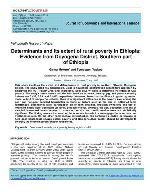 (PDF) Determinants and its extent of rural poverty in Ethiopia ...