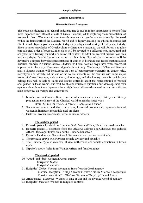 (PDF) "Women in Greek Literature" — Sample Syllabus Ariadne