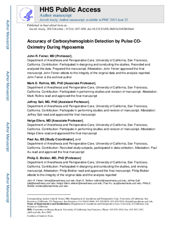 (PDF) Accuracy of Carboxyhemoglobin Detection by Pulse CO Oximetry