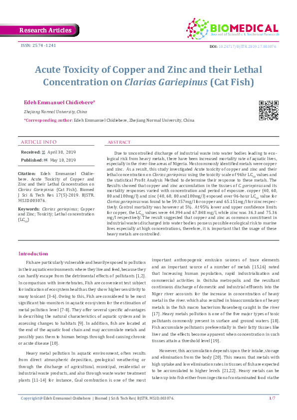 (PDF) Acute Toxicity of Copper and Zinc and their Lethal Concentration