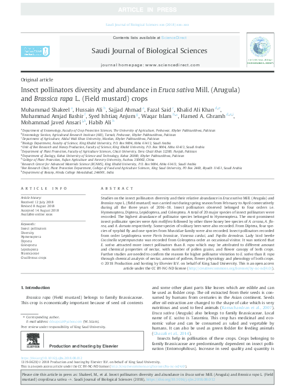 (PDF) Insect pollinators diversity and abundance in Eruca sativa Mill ...